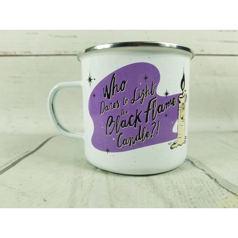 Disney's Hocus Pocus Who Dares light Black Flame Candle Camper Enamel Mug Cup